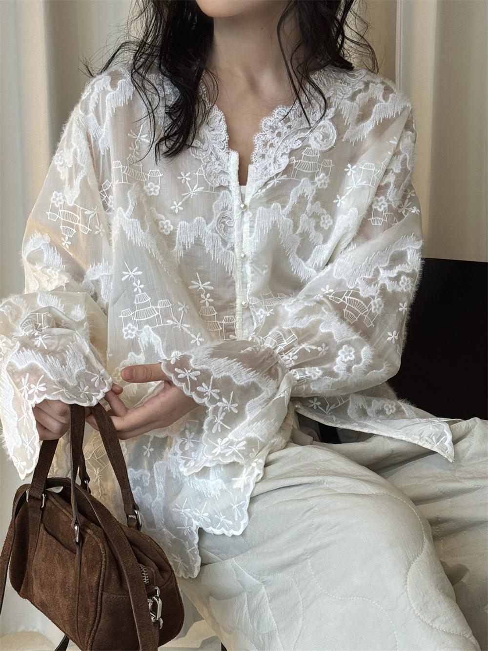 French V-Neck Embroidered Lace Blouse Romantic Sheer Long Sleeve Top Vintage Feminine Floral Shirt