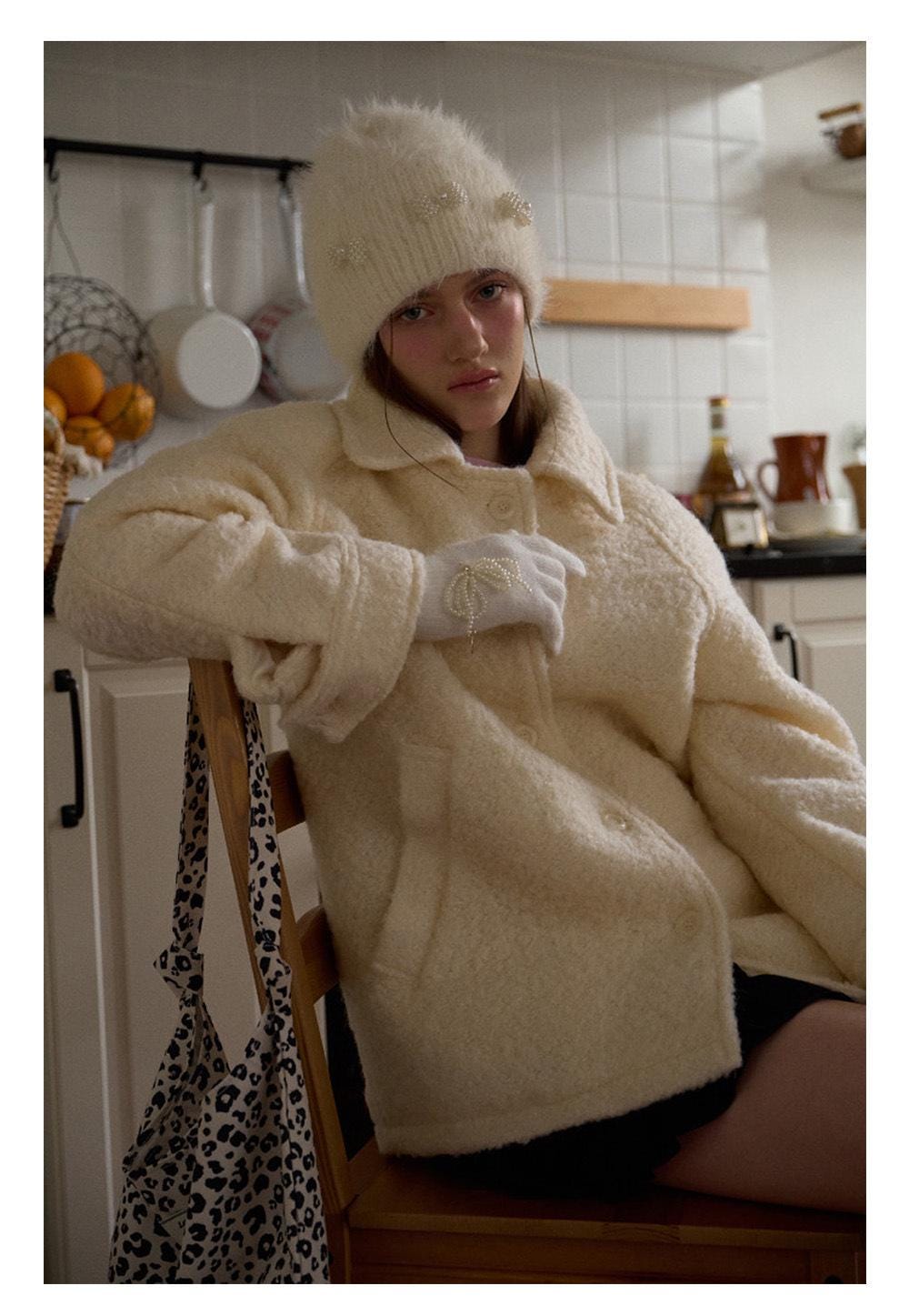 Pearl Ribbon Furry Knit Beanie