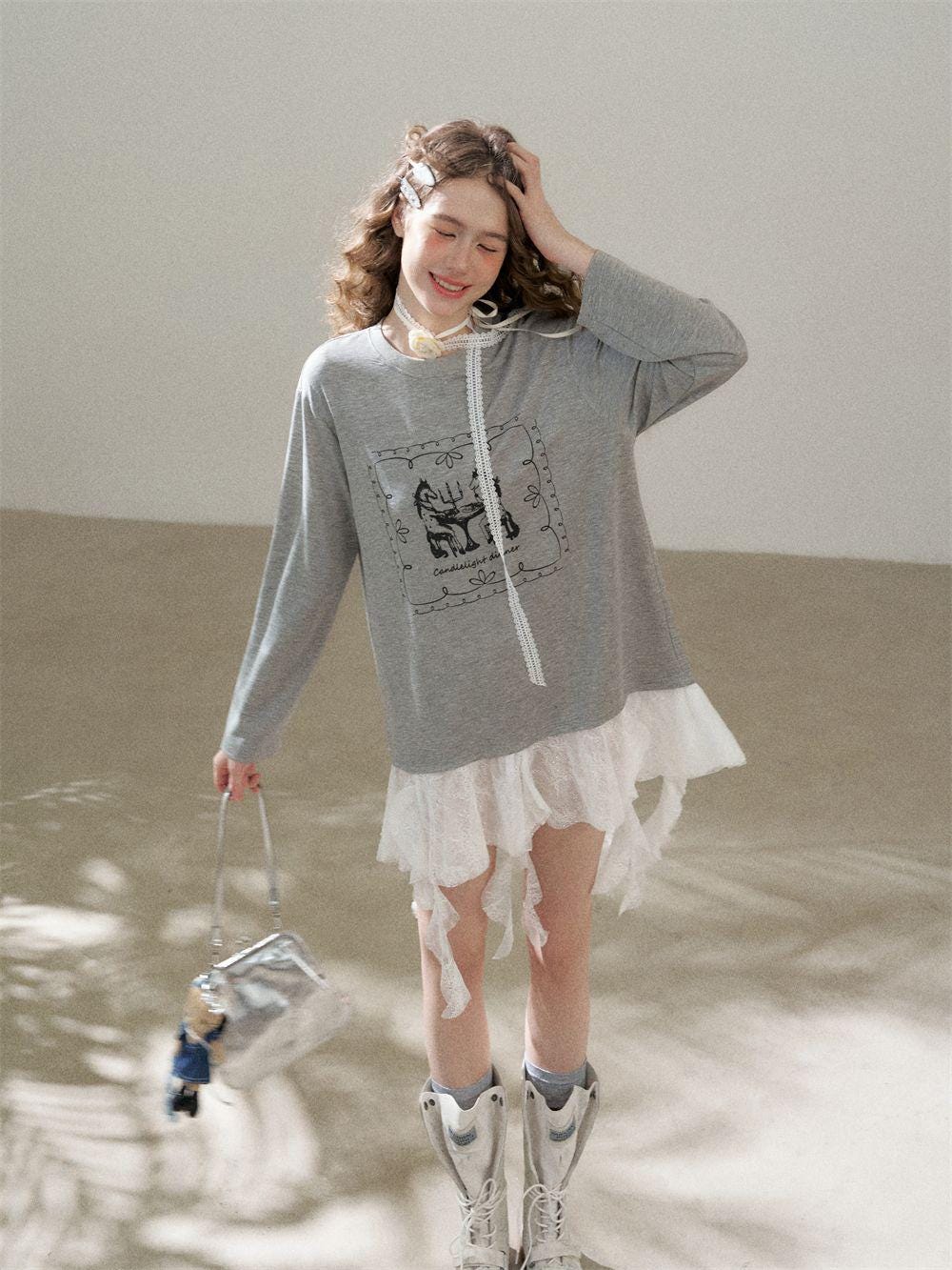 Faux Layered Lace Tunic Top | Romantic Lace Hem Graphic T-Shirt | Casual Tee