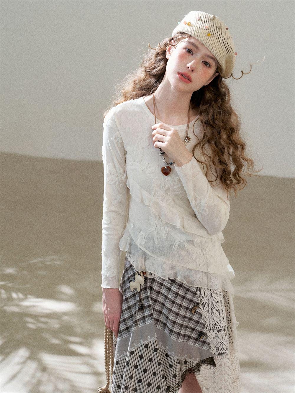 Silk Ruffle Mesh Embroidered Floral Top
