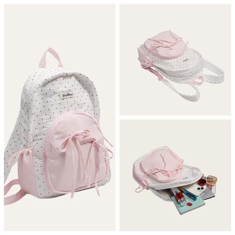 Polka Dot Pink Ribbon Decor Pouch School Backpack