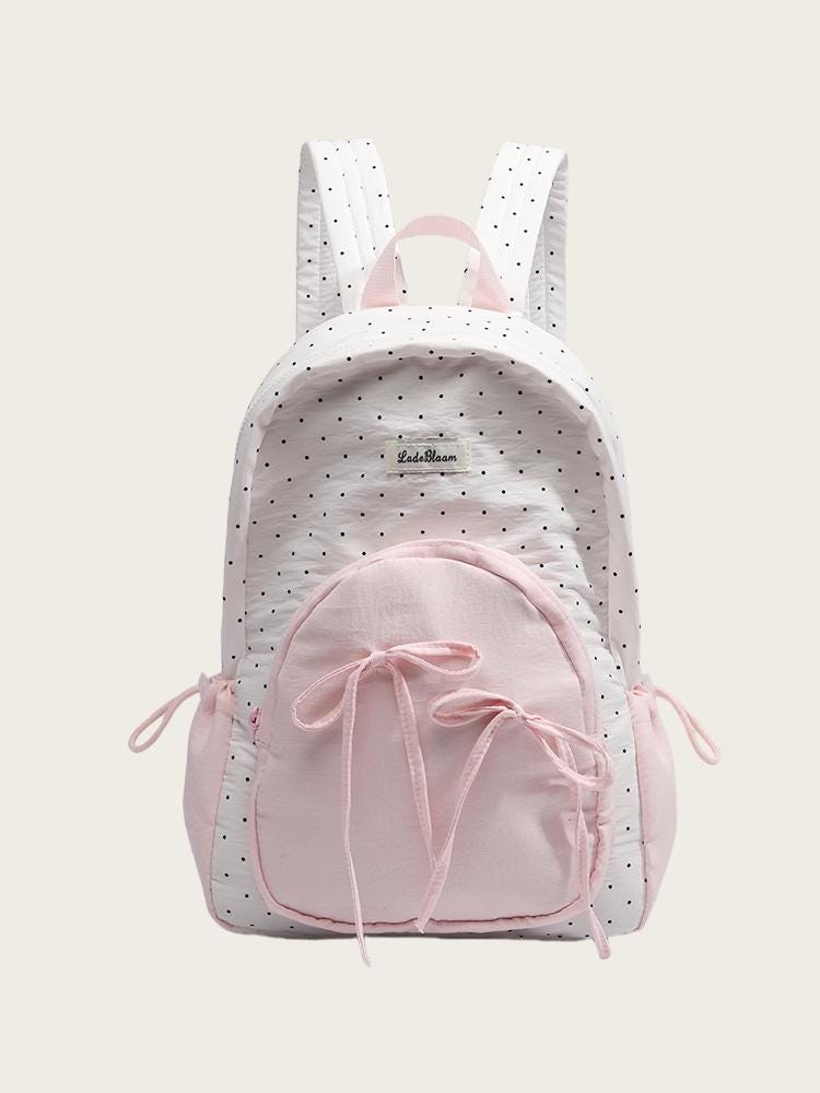 Polka Dot Pink Ribbon Decor Pouch School Backpack